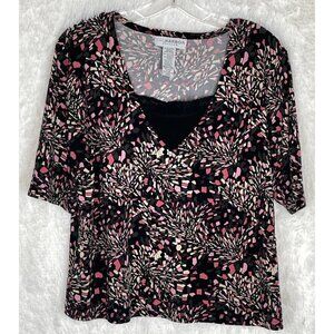 Sag Harbor Large Short Sleeve Black Pink White Geometric Pattern Top Stretch